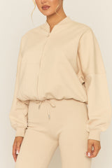 Beige Zip Front Bomber And Flare Joggers Loungewear Co-ord Set - Lonie