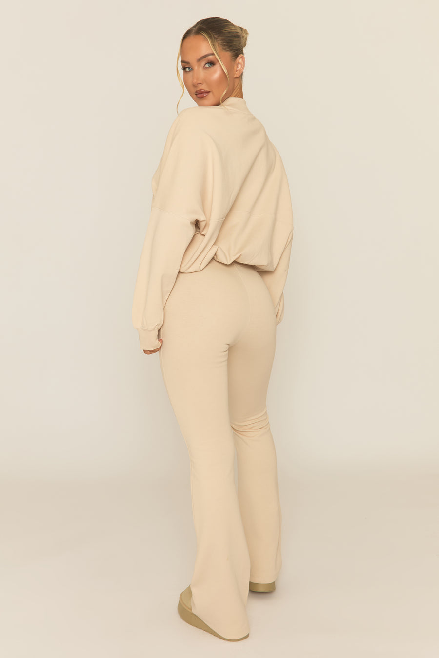 Beige Zip Front Bomber And Flare Joggers Loungewear Co-ord Set - Lonie