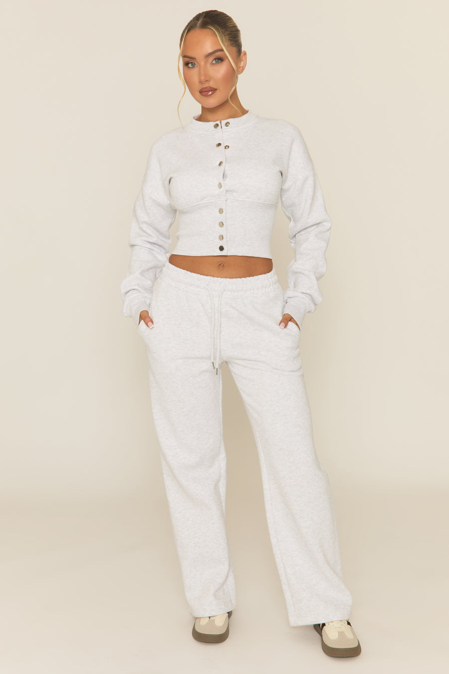 Bleach Grey Popper Front Cinched Waist Sweatshirt and Wide Leg Trousers Loungewear Co-ord Set - Neelam
