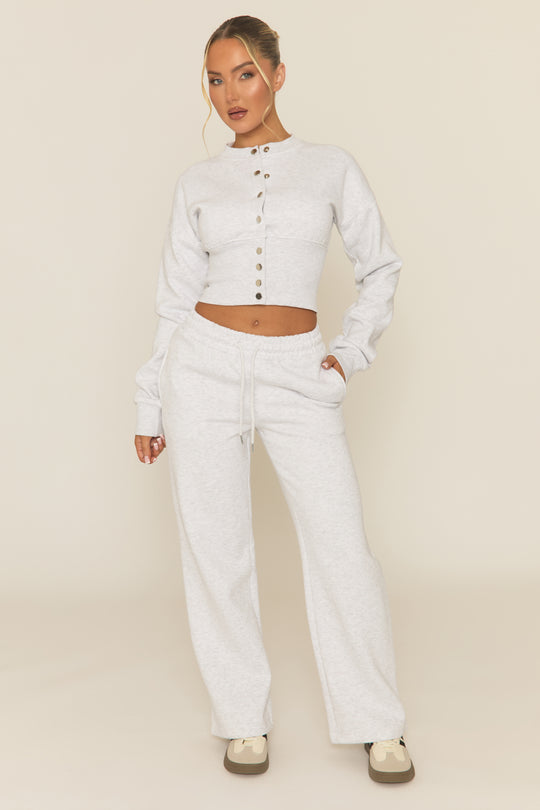Bleach Grey Popper Front Cinched Waist Sweatshirt and Wide Leg Trousers Loungewear Co-ord Set - Neelam