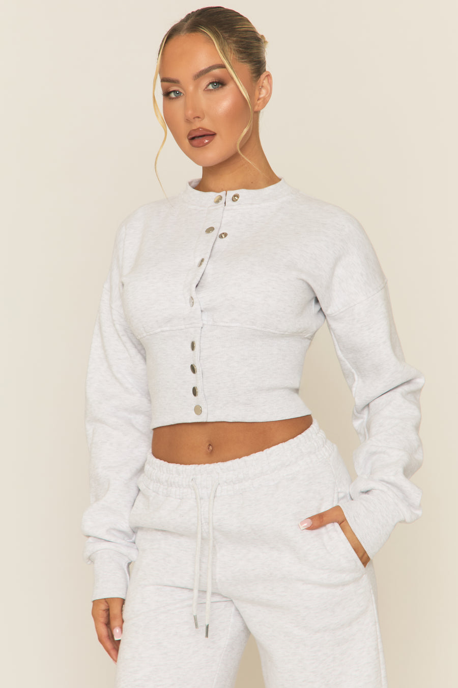Bleach Grey Popper Front Cinched Waist Sweatshirt and Wide Leg Trousers Loungewear Co-ord Set - Neelam