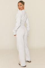 Bleach Grey Popper Front Cinched Waist Sweatshirt and Wide Leg Trousers Loungewear Co-ord Set - Neelam