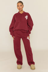 Wine Contrast Motif Zip Front Bomber And Joggers Loungewear Co-ord Set - Ranelle