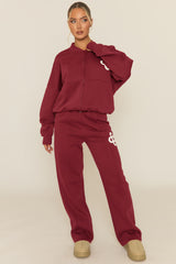 Wine Contrast Motif Zip Front Bomber And Joggers Loungewear Co-ord Set - Ranelle
