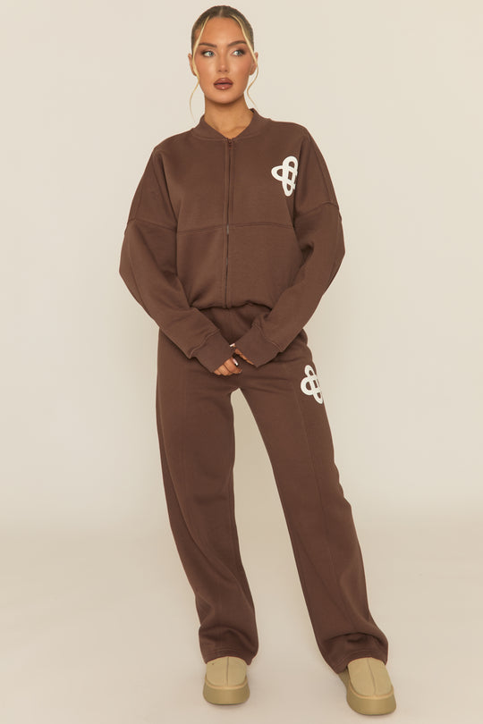 Chocolate Contrast Motif Zip Front Bomber And Joggers Loungewear Co-ord Set - Ranelle