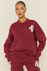 Wine Contrast Motif Zip Front Bomber And Joggers Loungewear Co-ord Set - Ranelle