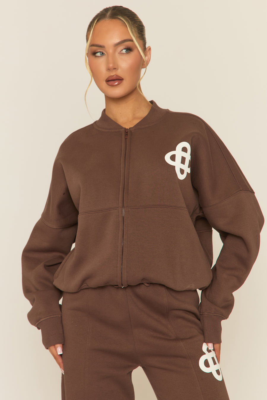 Chocolate Contrast Motif Zip Front Bomber And Joggers Loungewear Co-ord Set - Ranelle