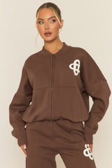 Chocolate Contrast Motif Zip Front Bomber And Joggers Loungewear Co-ord Set - Ranelle