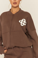 Chocolate Contrast Motif Zip Front Bomber And Joggers Loungewear Co-ord Set - Ranelle