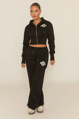 Black Contrast Motif Cropped Hoodie and Joggers Loungewear Set - Sameen