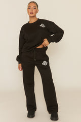 Black Contrast Motif Jumper and Joggers Loungewear Co-ord Set - Oleen