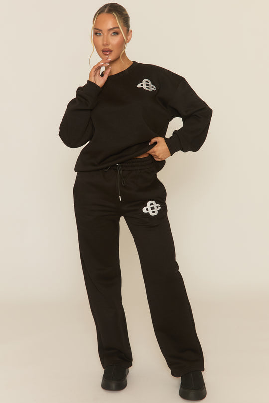 Black Contrast Motif Jumper and Joggers Loungewear Co-ord Set - Oleen