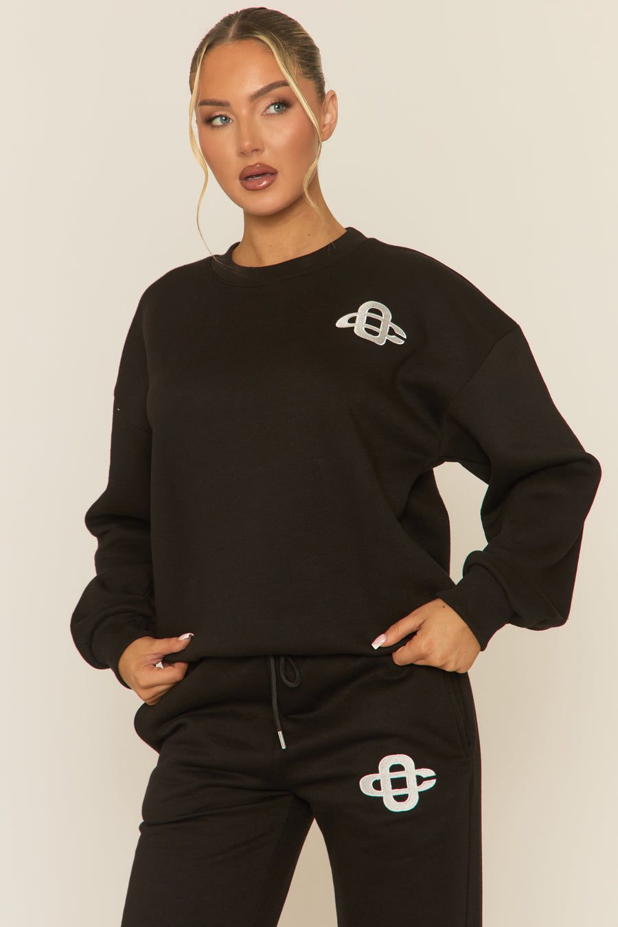Black Contrast Motif Jumper and Joggers Loungewear Co-ord Set - Oleen