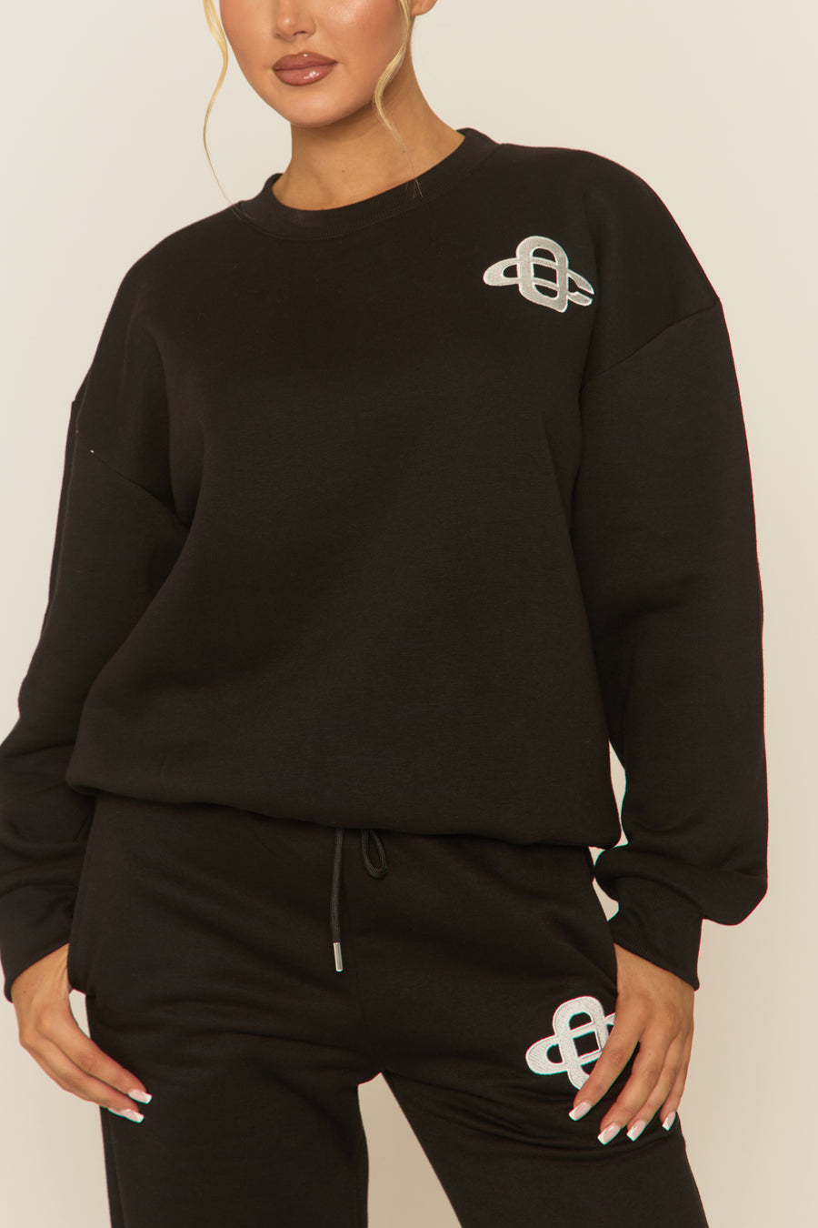 Black Contrast Motif Jumper and Joggers Loungewear Co-ord Set - Oleen