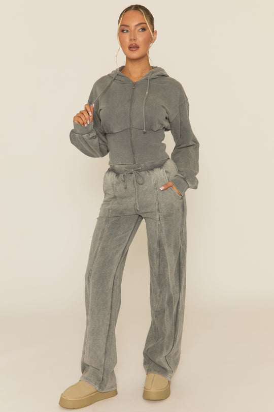 Grey Acid Wash Zip Through Corset Hoodie Loungewear Set - Moara