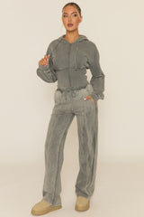 Grey Acid Wash Zip Through Corset Hoodie Loungewear Co-ord Set - Moara