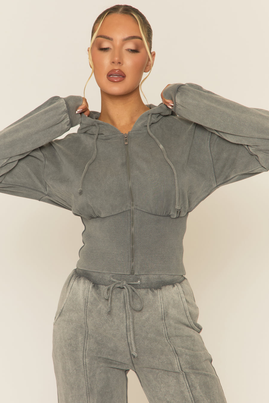 Grey Acid Wash Zip Through Corset Hoodie Loungewear Co-ord Set - Moara