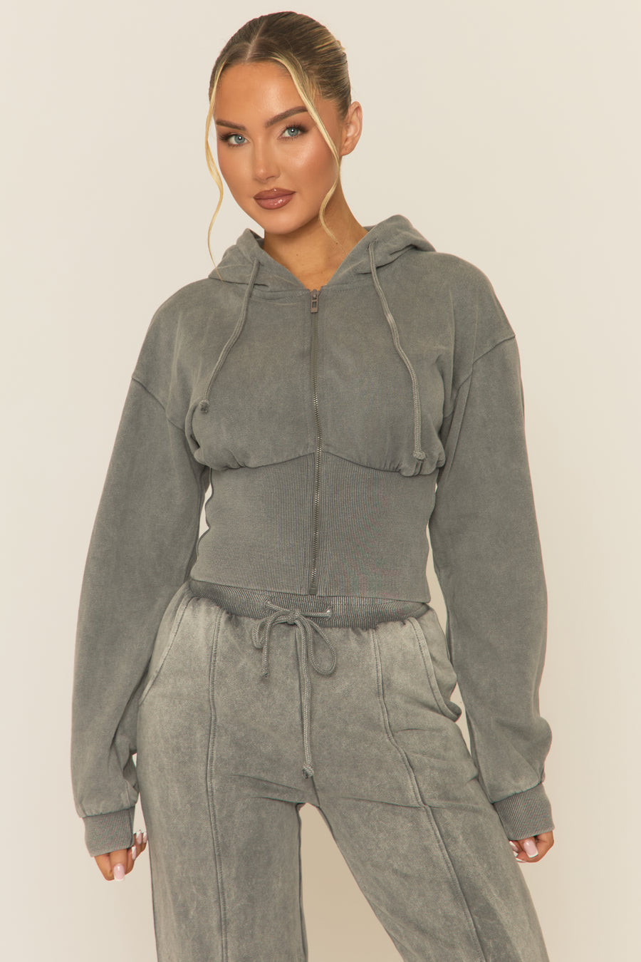 Grey Acid Wash Zip Through Corset Hoodie Loungewear Co-ord Set - Moara