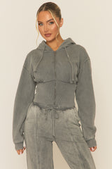 Grey Acid Wash Zip Through Corset Hoodie Loungewear Co-ord Set - Moara