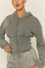Grey Acid Wash Zip Through Corset Hoodie Loungewear Co-ord Set - Moara