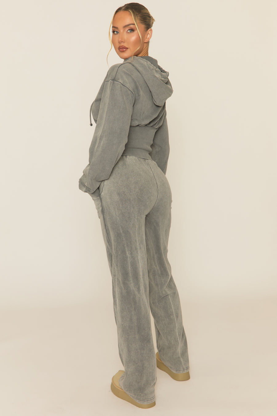 Grey Acid Wash Zip Through Corset Hoodie Loungewear Co-ord Set - Moara