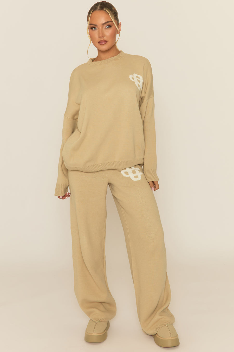 Beige Contrast Motif Knit Loungewear Co-ord Set - Regan