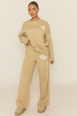 Beige Contrast Motif Knit Loungewear Co-ord Set - Regan