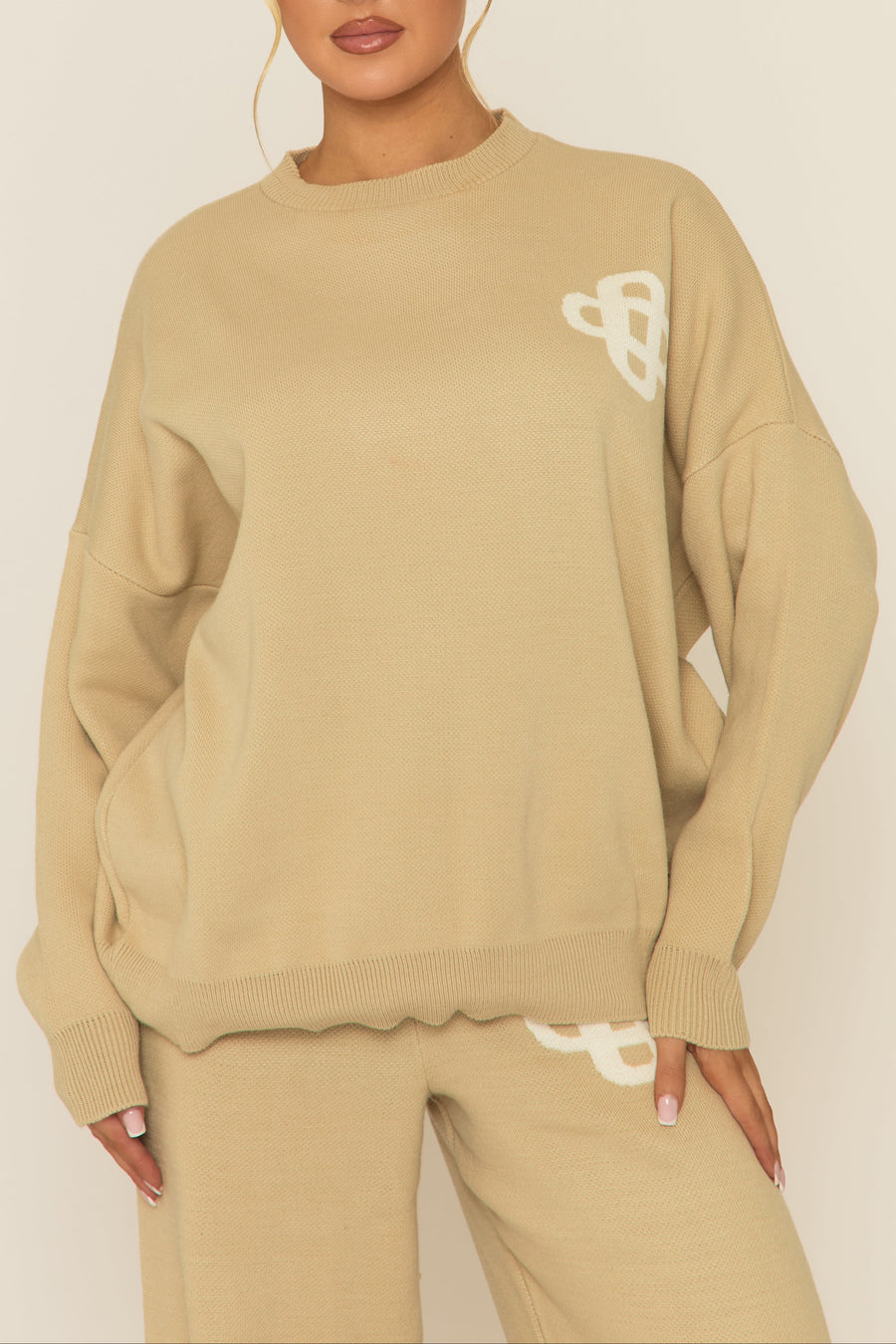 Beige Contrast Motif Knit Loungewear Co-ord Set - Regan