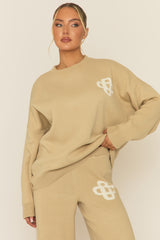 Beige Contrast Motif Knit Loungewear Co-ord Set - Regan