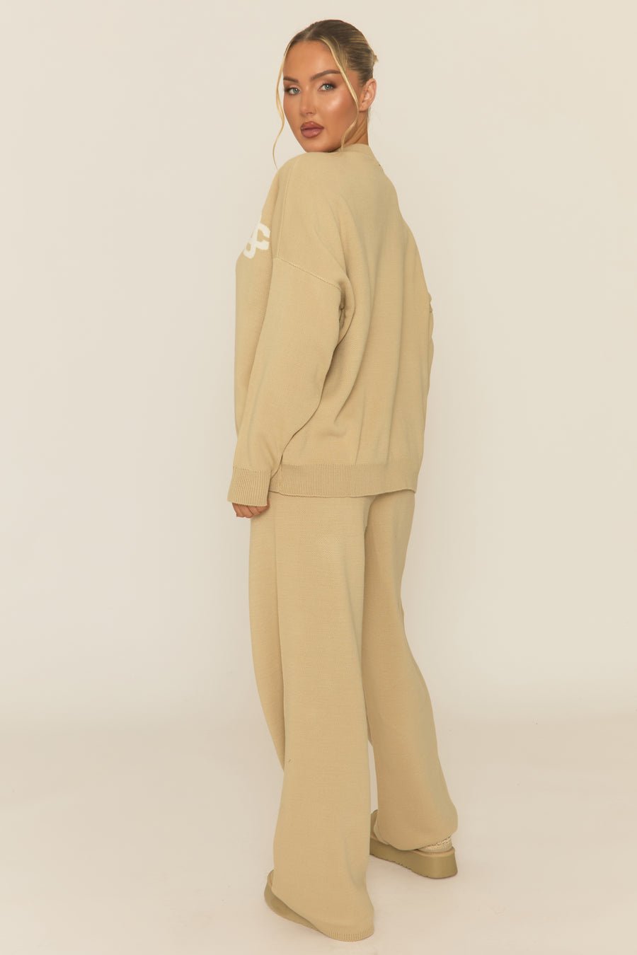 Beige Contrast Motif Knit Loungewear Co-ord Set - Regan