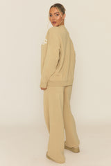 Beige Contrast Motif Knit Loungewear Co-ord Set - Regan