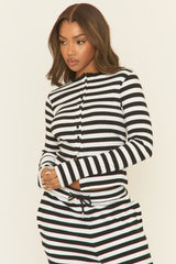 Black Stripe Button Front Long Sleeve Top and Trouser Loungewear Set - Kayza