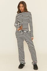 Black Stripe Button Front Long Sleeve Top and Trouser Loungewear Set - Kayza