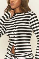 Black Stripe Button Front Long Sleeve Top and Trouser Loungewear Set - Kayza