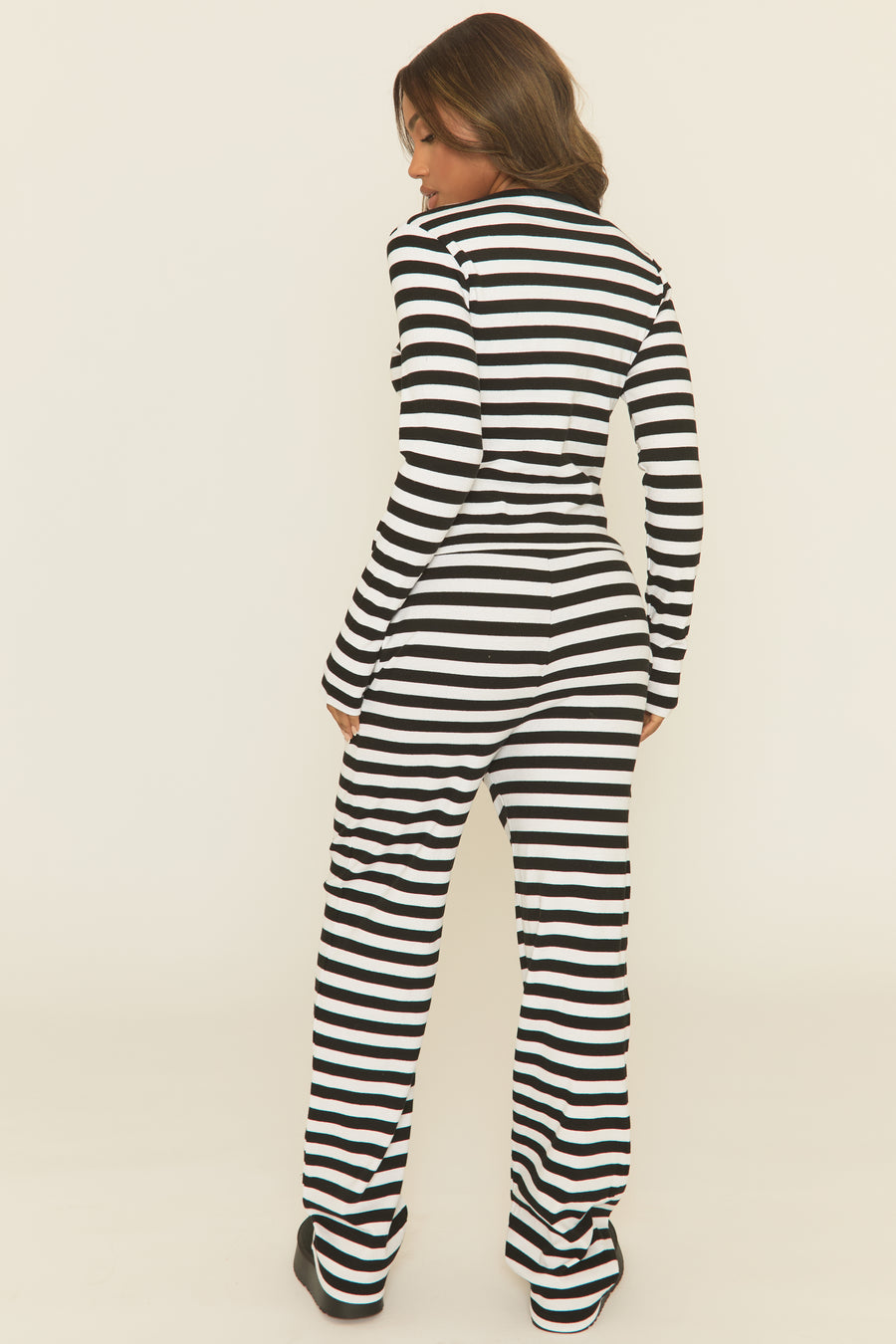 Black Stripe Button Front Long Sleeve Top and Trouser Loungewear Co-ord Set - Kayza