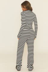 Black Stripe Button Front Long Sleeve Top and Trouser Loungewear Set - Kayza