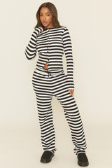 Black Stripe Button Front Long Sleeve Top and Trouser Loungewear Set - Kayza