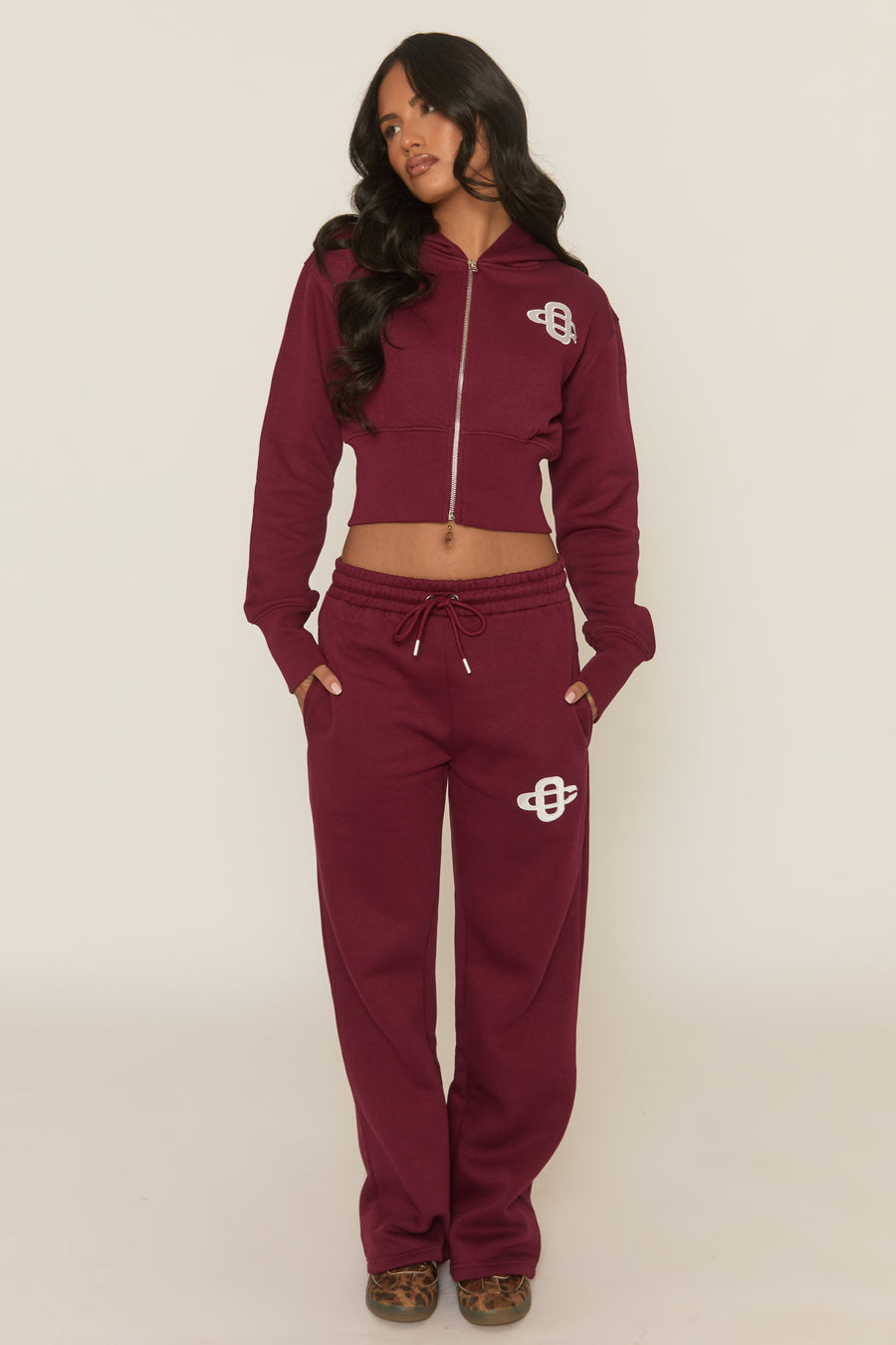 Wine Contrast Motif Cropped Hoodie and Joggers Loungewear Set - Sameen