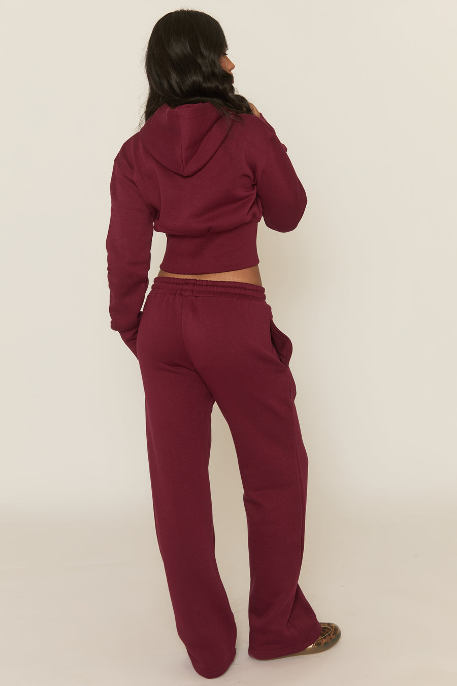 Wine Contrast Motif Cropped Hoodie and Joggers Loungewear Set - Sameen