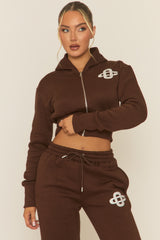 Chocolate Contrast Motif Cropped Hoodie and Joggers Loungewear Set - Sameen