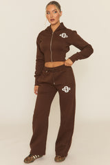 Chocolate Contrast Motif Cropped Hoodie and Joggers Loungewear Set - Sameen