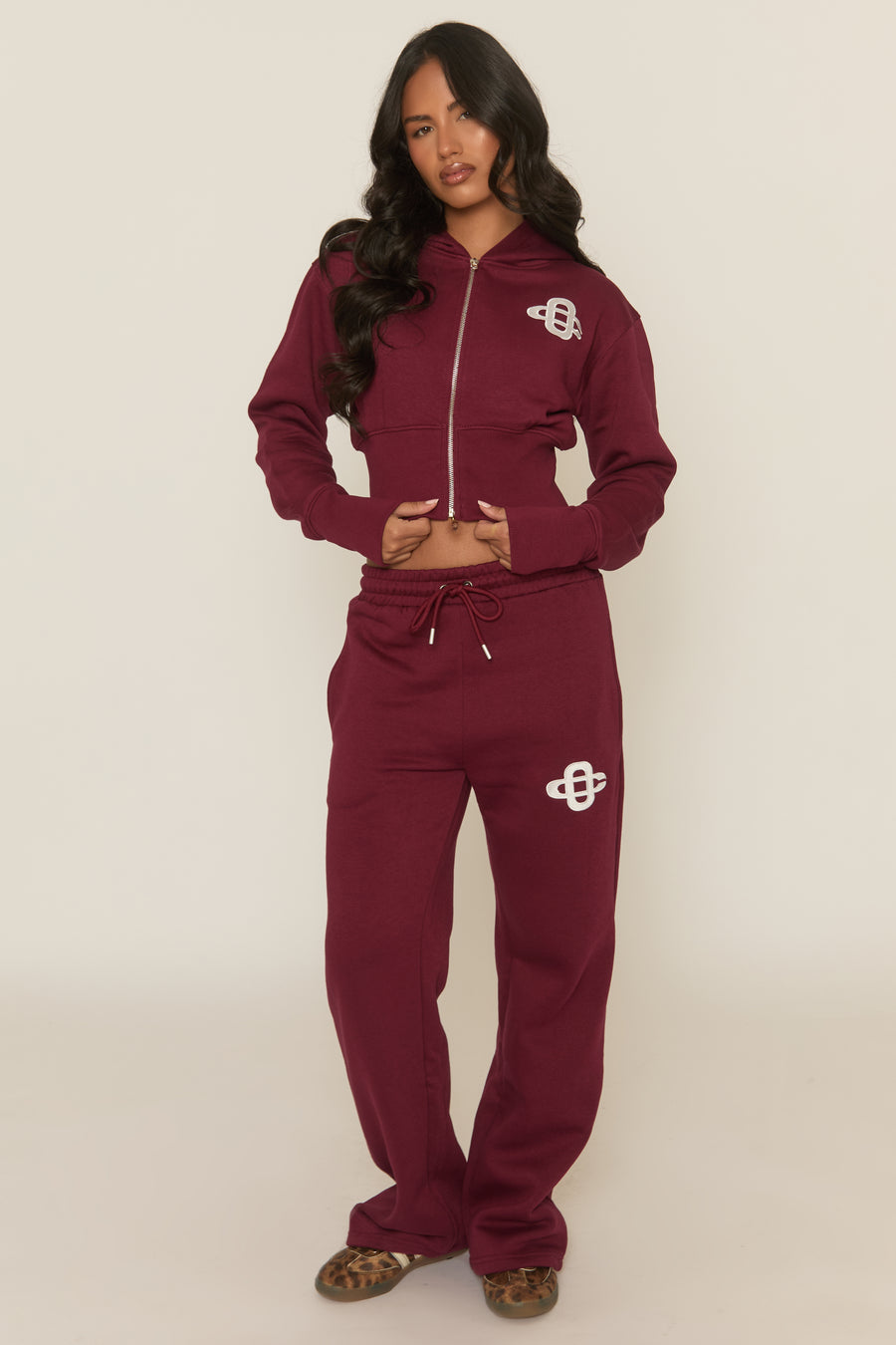 Wine Contrast Motif Cropped Hoodie and Joggers Loungewear Set - Sameen