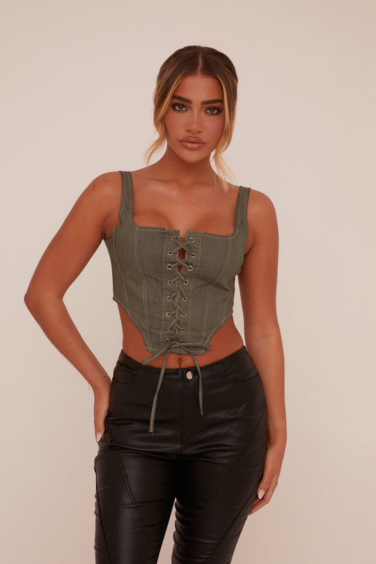 Sage Denim Lace Up Detail Corset Top - Radley