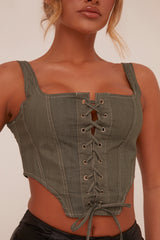 Sage Denim Lace Up Detail Corset Top - Radley