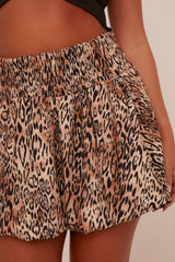 Beige Leopard Print Puffball Shirring Detail Mini Skirt - Angie