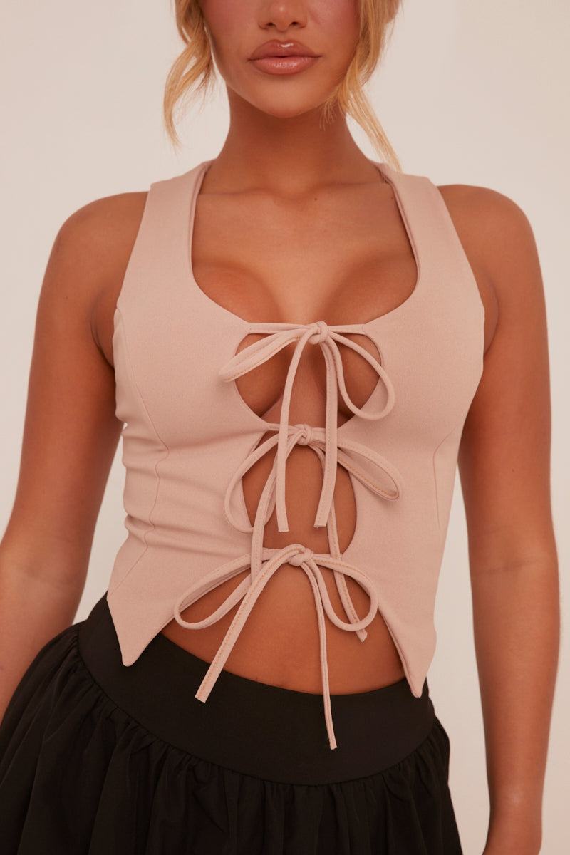Stone Tie Front Sleeveless Waistcoat - Elsee