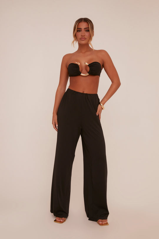 Black Metal Trim Detail Crop Top & Trousers Co-ord Set - Paula