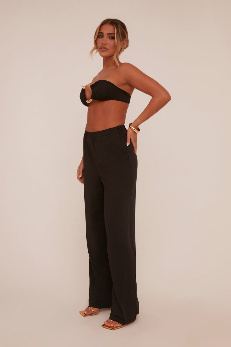 Black Metal Trim Detail Crop Top & Trousers Co-ord Set - Paula