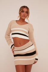 Beige Knit Striped Cropped Top & Mini Skirt Co-ord Set - Alonii