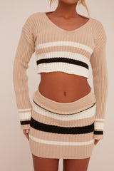 Beige Knit Striped Cropped Top & Mini Skirt Co-ord Set - Alonii